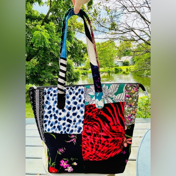 Colorful Patchwork Tote Bag - Vibrant Designer Style, Size 16.5x14 NWT - Picture 2 of 10